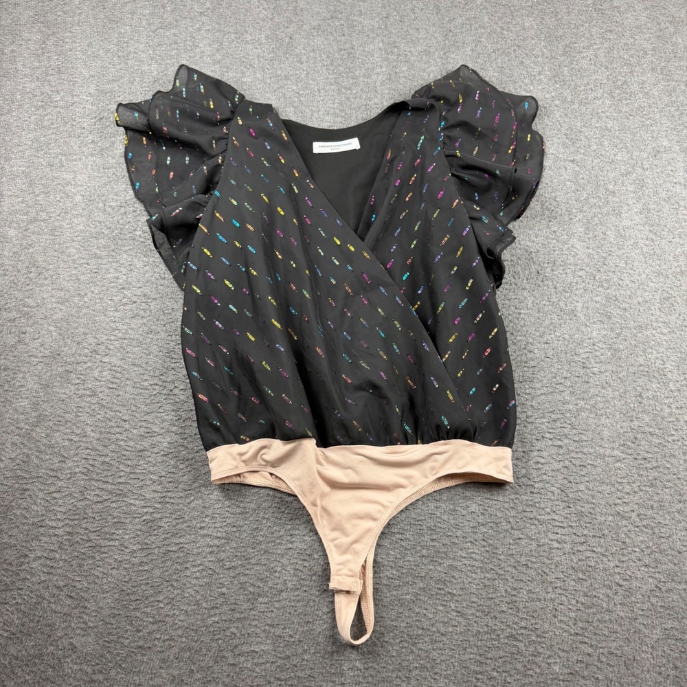 Amanda Uprichard Black Multicolor Metallic Clip Dot Ruffle Sleeve Bodysuit M